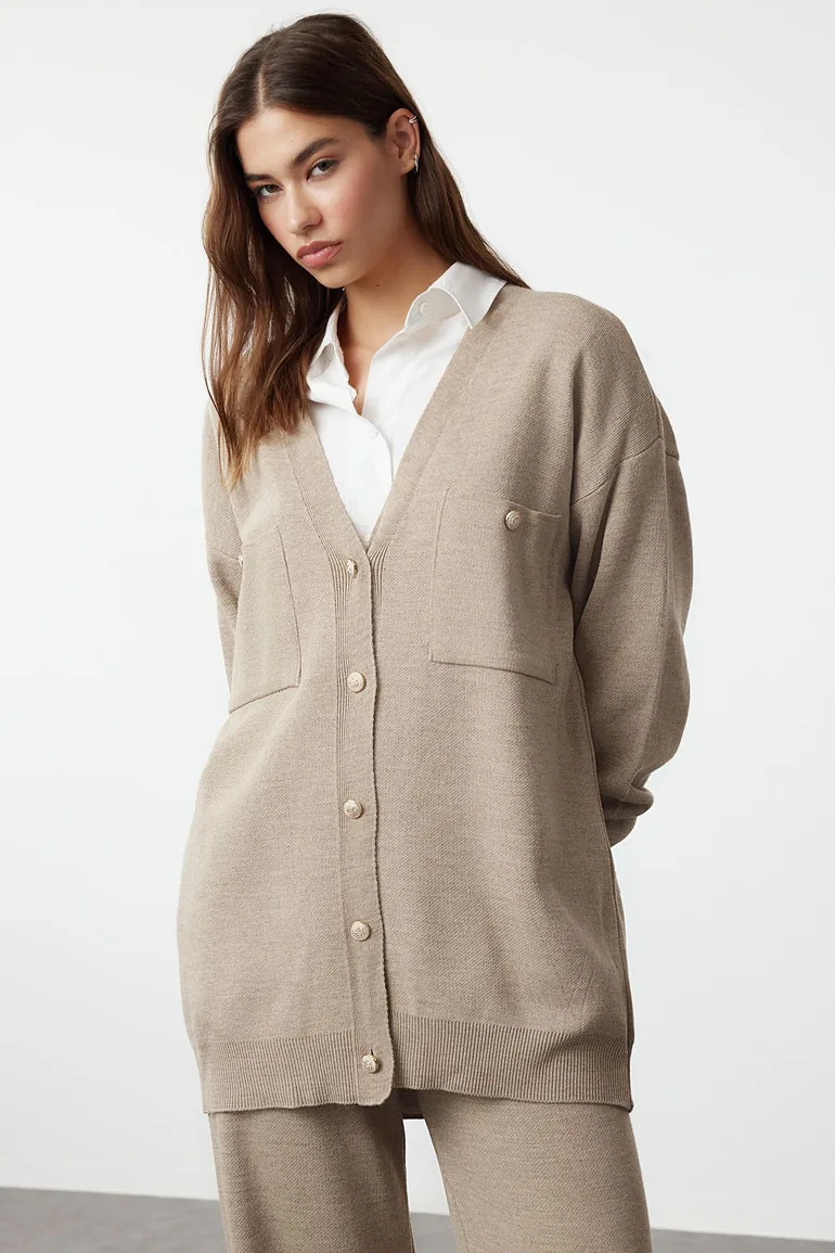 Mink Buttoned Cardigan-Pants Knitwear Top-Top Set - 1