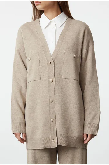 Mink Buttoned Cardigan-Pants Knitwear Top-Top Set