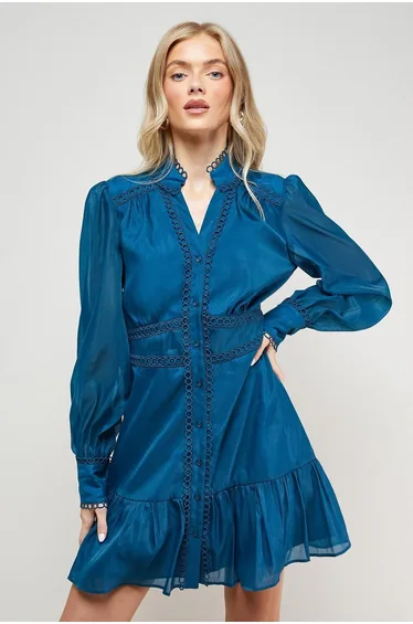 Plain Lace Trim Boho Shirt Mini Dress