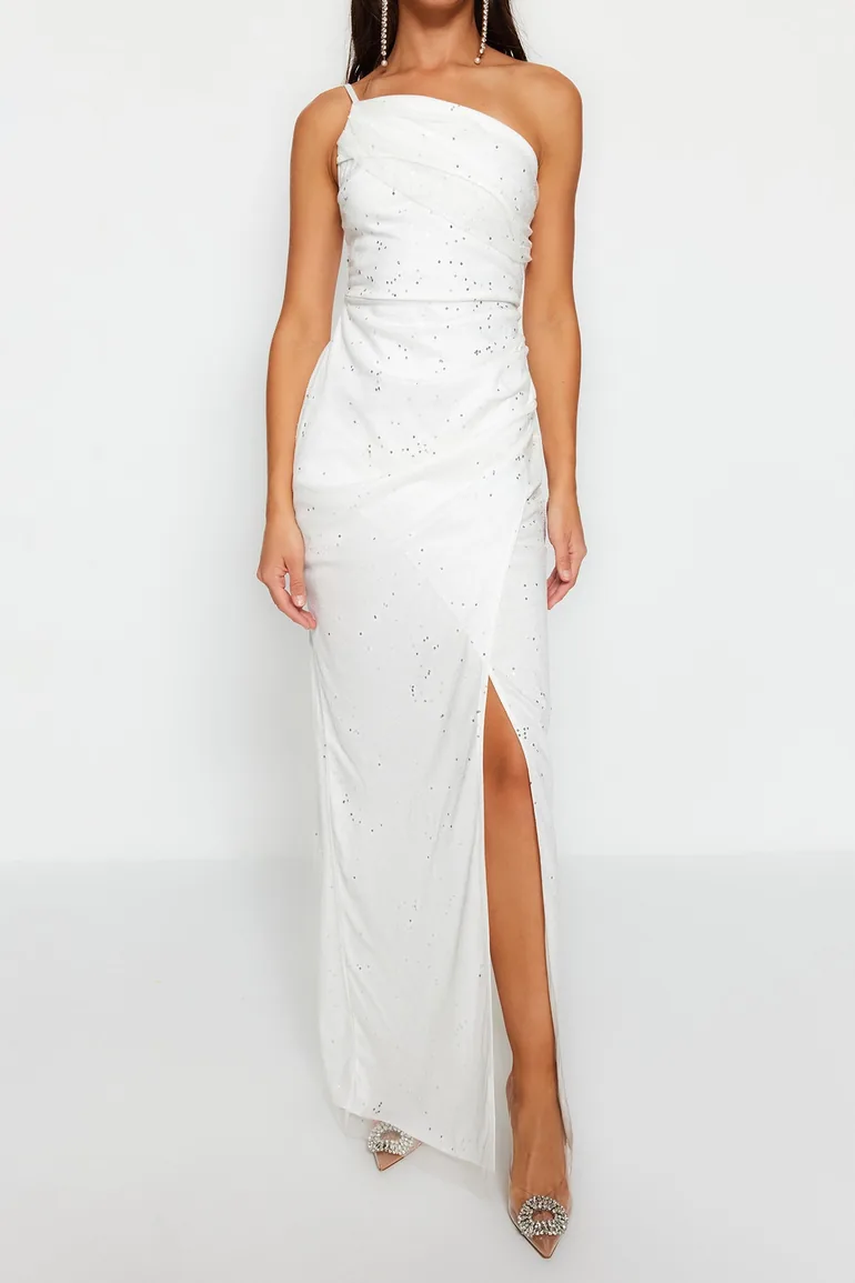 Column Maxi Party Dress with One Shoulder - 3