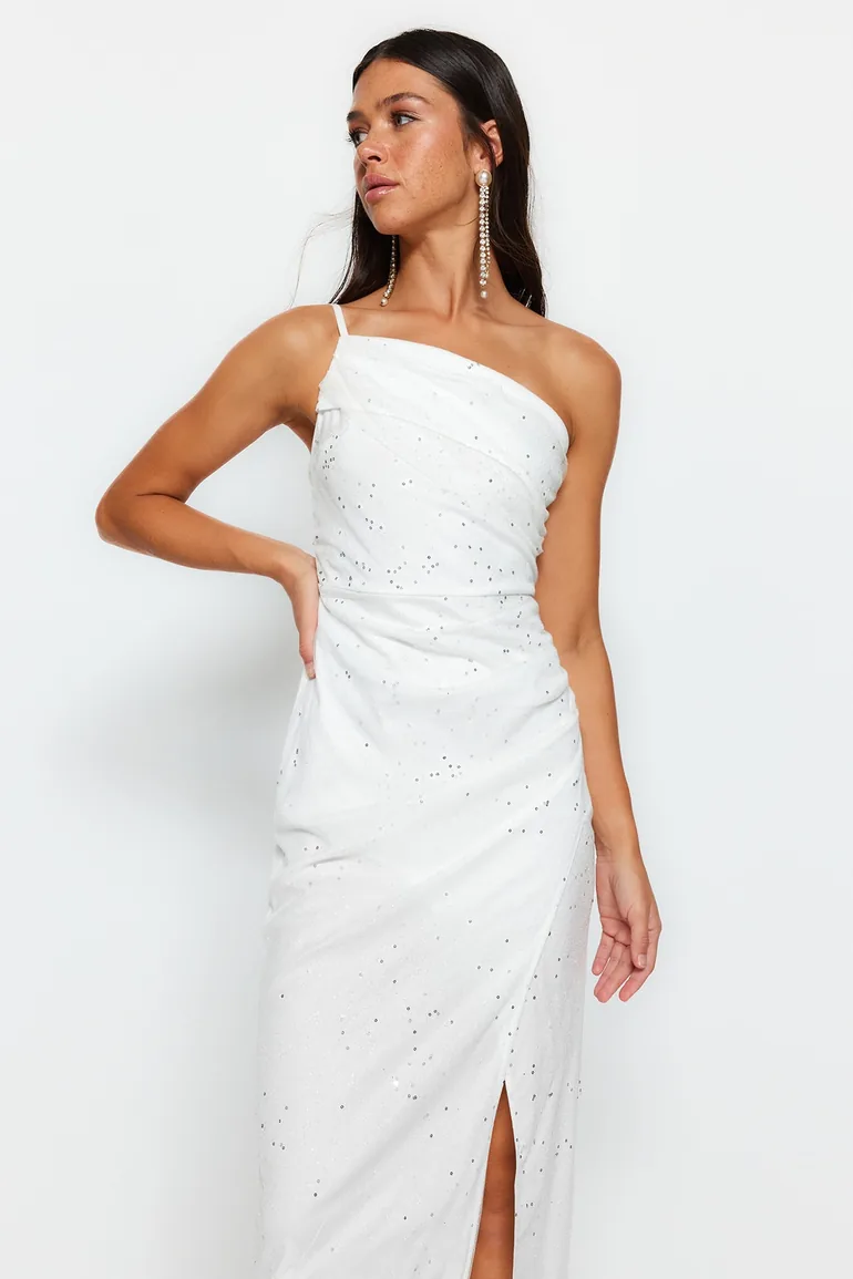 Column Maxi Party Dress with One Shoulder - 1