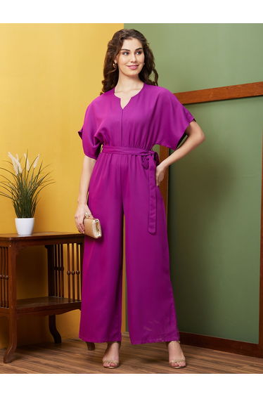 Solid Notch Neck Kimono Sleeves Waist Tie-Up Jumpsuit