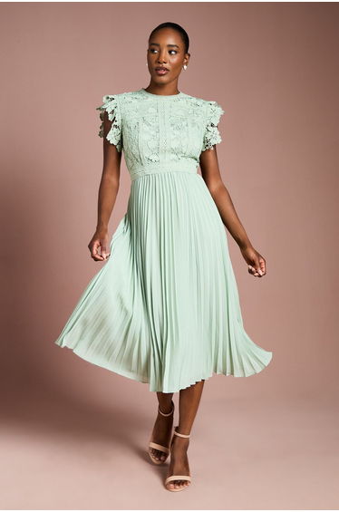 Flutter Sleeve Lace Top Pleated Skirt Midi Dress