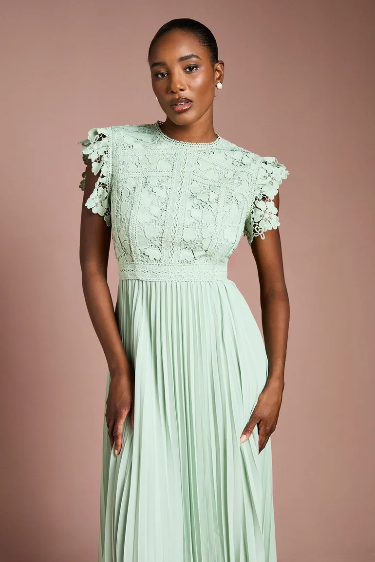 Flutter Sleeve Lace Top Pleated Skirt Midi Dress Coast Fashion Green :  Evening Dresses : VogaCloset Bahrain