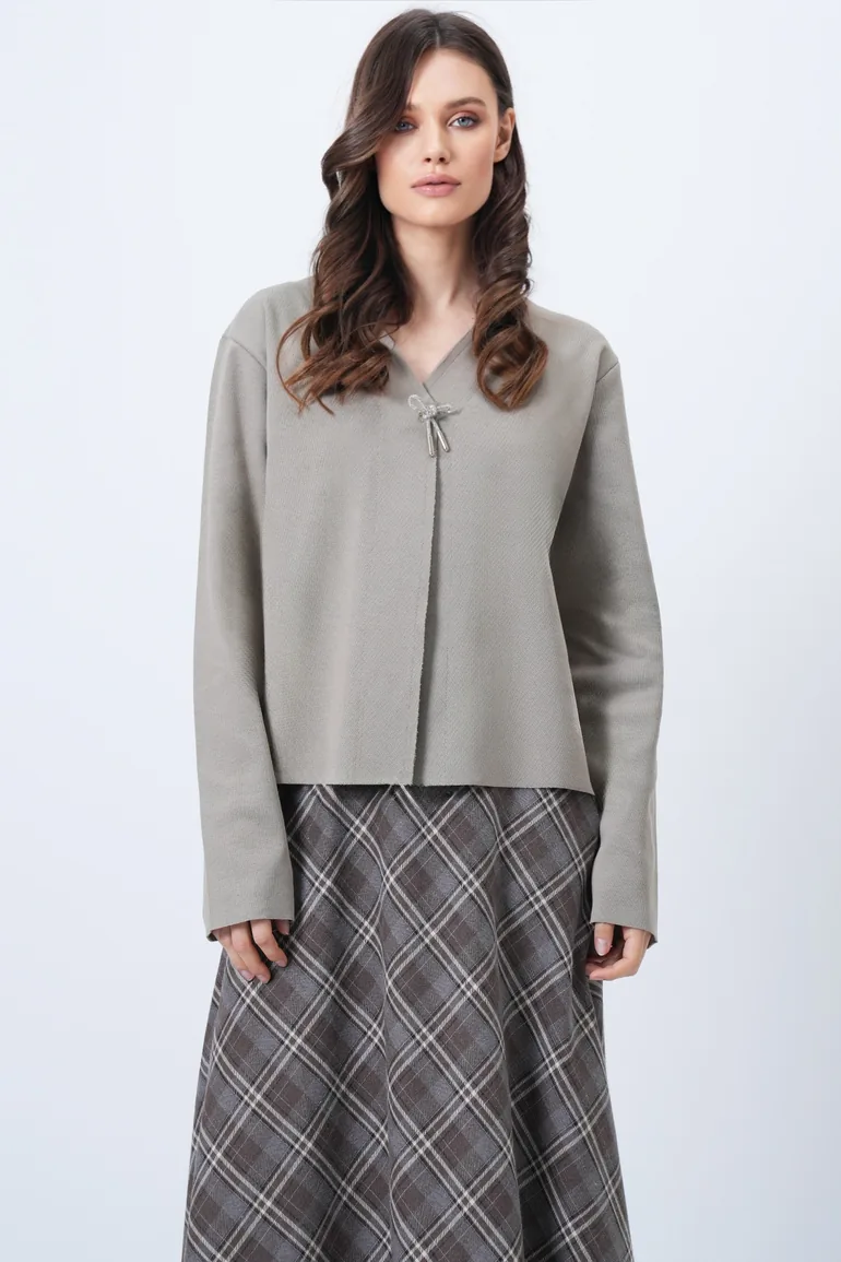 Women's Dark Beige V-Neck Brooch Detailed Ottoban Cardigan