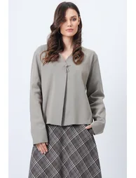 Women's Dark Beige V-Neck Brooch Detailed Ottoban Cardigan - 4