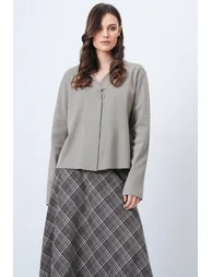 Women's Dark Beige V-Neck Brooch Detailed Ottoban Cardigan - 1