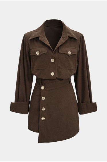Corduroy Button Long-Sleeve Shirt And Button Skirt Set