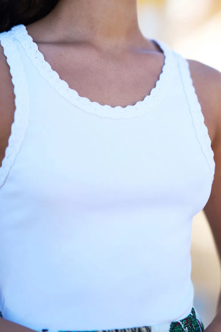 Yumi White Crochet Trim Cotton Stretch Vest Top - 5