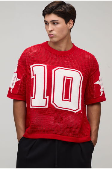Oversized Boxy Open Stitch Knitted Sports Top - red