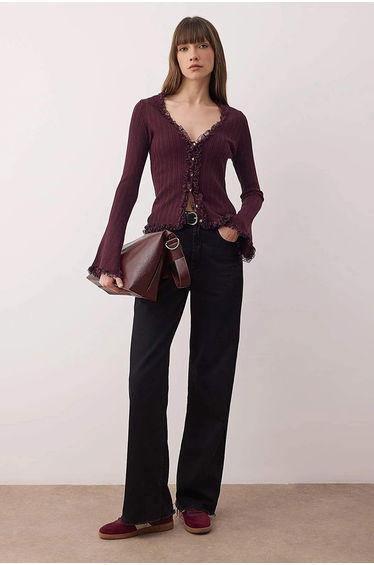Plum lace trimmed premium/special yarn fitted/fitted knitwear cardigan