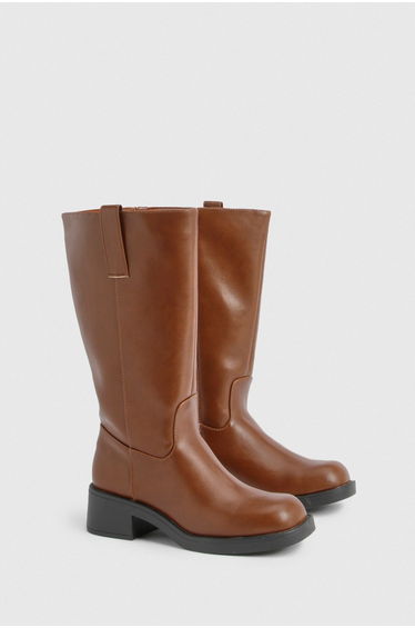 Pull On Column Calf Biker Boots - brown