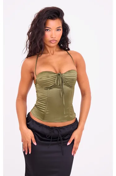 Olive Satin Pleated Bust Pointed Hem Corset