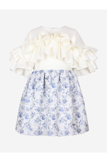 Girls Floral Jacquard Flutterby Ruffle Dress In Blue