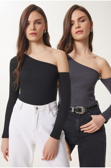 Women's Anthracite Black Open Shouldered Ribbed 2-Piece Knitted Blouse