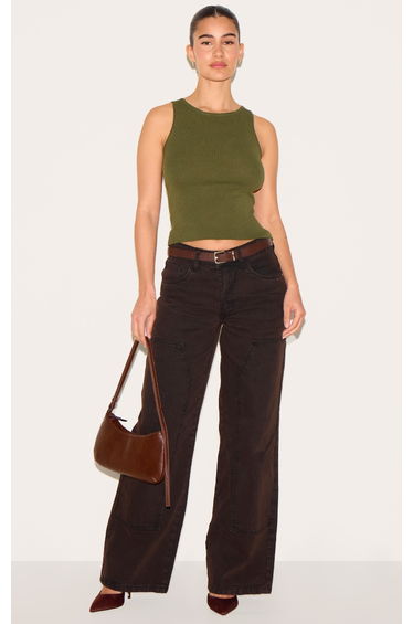 Khaki Fine Knit Racer Neck Top