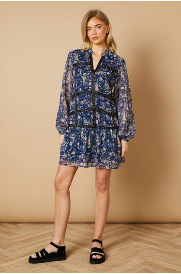 Floral Chiffon Hand Embellished Trim Mini Dress