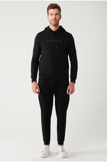 Men's Black Hooded 3 Thread Raised Printed Sweatshirt