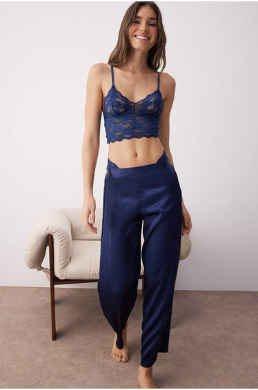 Navy Blue 3-Piece Lace Top, Satin Bottom Suspender Panty Woven Pajama Set