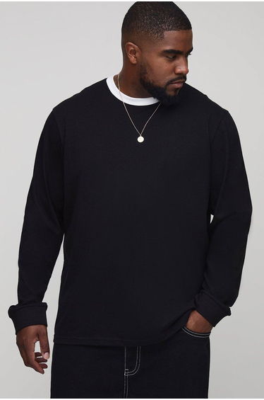 Plus Regular Fit Ringer Crew Neck Long Sleeve T-Shirt - black