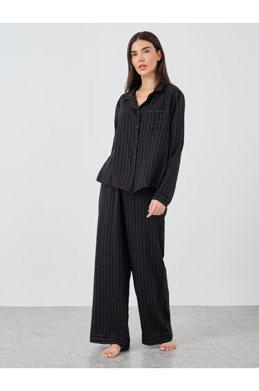 Textured Striped Buttoned Shirt and Pyjama Set