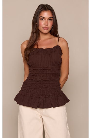 Chocolate Linen Look Shirred Cami Top