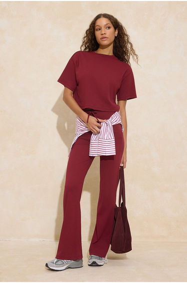 Burgundy Relaxed Low Arm Short Sleeve Pipe Leg Cotton Rib Knitted Bottom-Top Suit