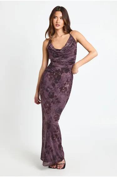 Printed Mesh Cowl Neck Scarf Detail Top - pink