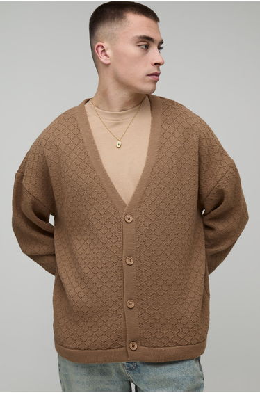 Relaxed Fit Basket Knit Cardigan - stone