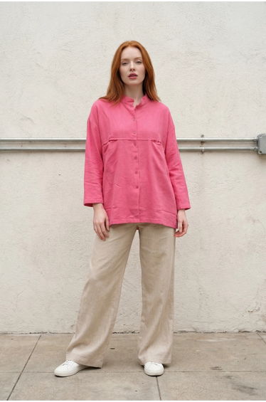 MY FASHION Oversized Linen-Blend Long Sleeve Shirt