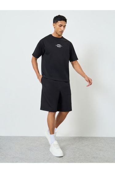 Men Black Oversized T-Shirt and Drop-Crotch Shorts Co-Ords