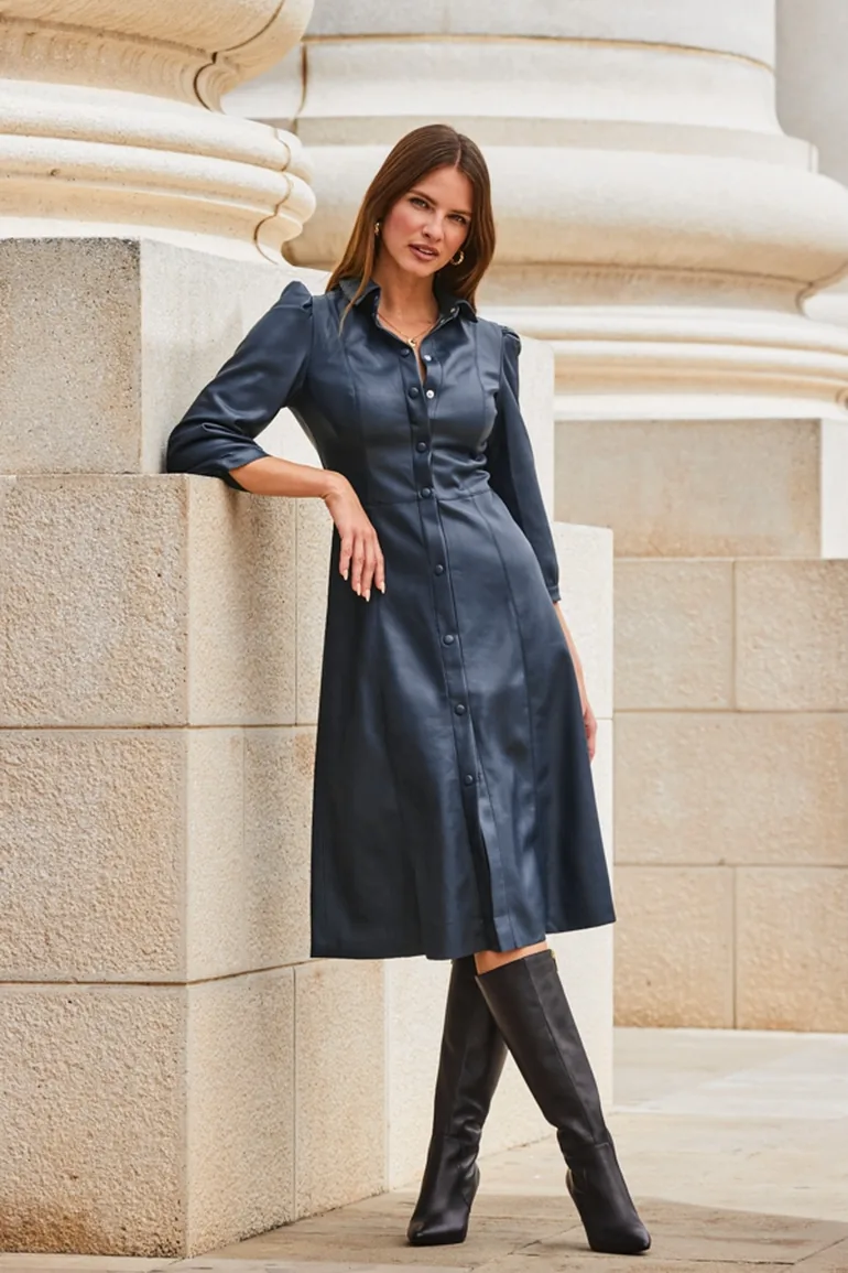 Shop Navy Blue Faux Leather Popper Front Shirt Dress Online in Jordan Shop Navy Blue Faux Leather Popper Front Shirt Dress Online in Jordan