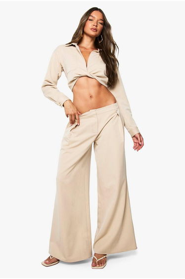 Linen Look Pleat Detail Column Leg Trousers - stone