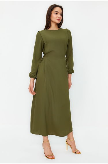 Green High Collar Elastic Sleeve Aerobin Woven Dress