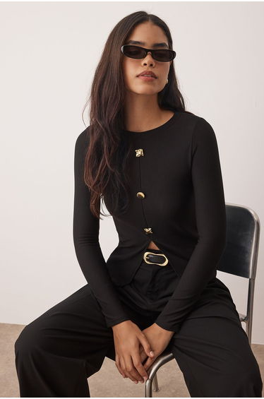 Black Ottoman Stand Collar Buttoned Long Sleeve Body-Fitting Knitted Blouse