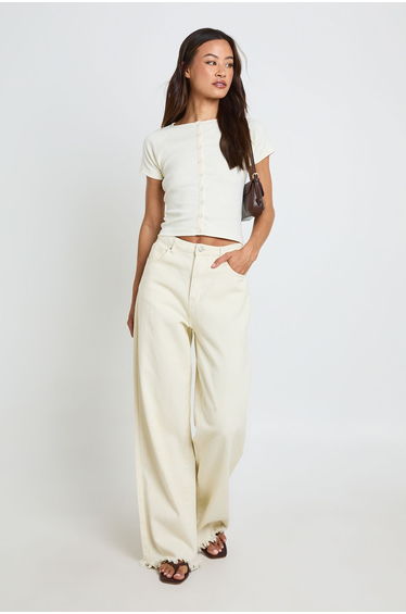 Tall Rib Button Through Cap Sleeve Top - lemon