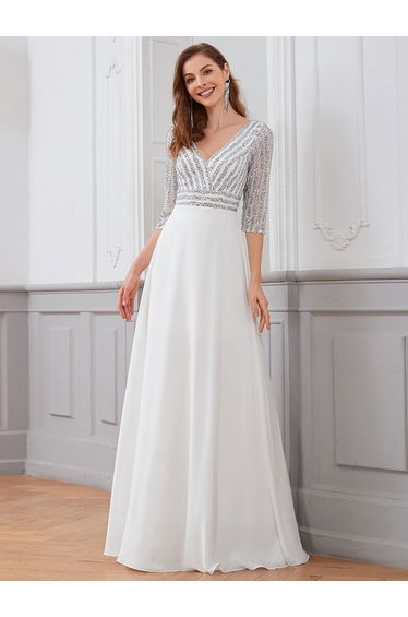 ever LUENA|Sexy V Neck Sequin Evening Dresses with 3/4 Sleeve