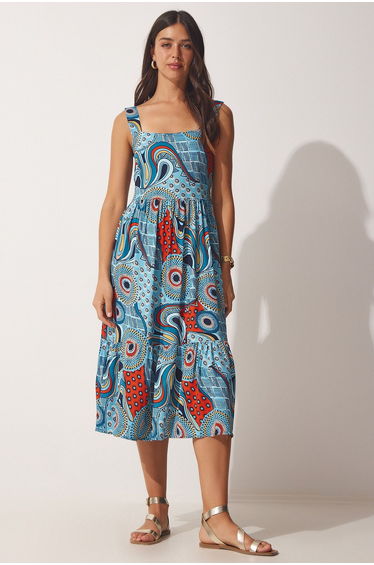 Women's Blue Floral Square Collar Summer Viscose Dress