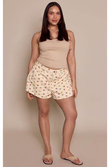 Plus Cream Ditsy Floral Print High Waist Denim Mom Shorts