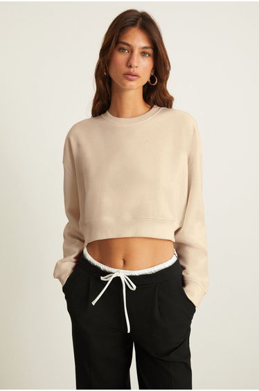 ROSELA Women's Warm Crew Neck Beige Crop Sweatshirt with Underwire