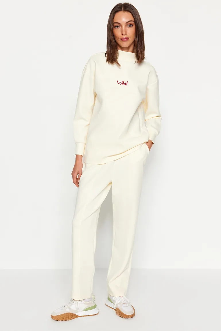 Beige Diver/Scuba Knitted Tracksuit Set With Embroidery - 1