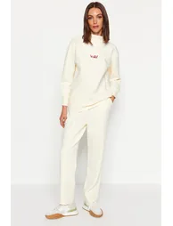 Beige Diver/Scuba Knitted Tracksuit Set With Embroidery - 1