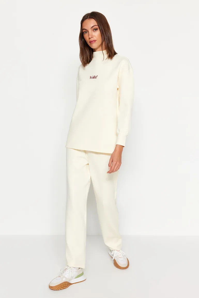 Beige Diver/Scuba Knitted Tracksuit Set With Embroidery
