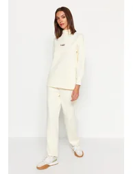 Beige Diver/Scuba Knitted Tracksuit Set With Embroidery