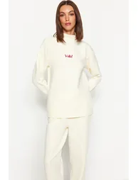 Beige Diver/Scuba Knitted Tracksuit Set With Embroidery - 2