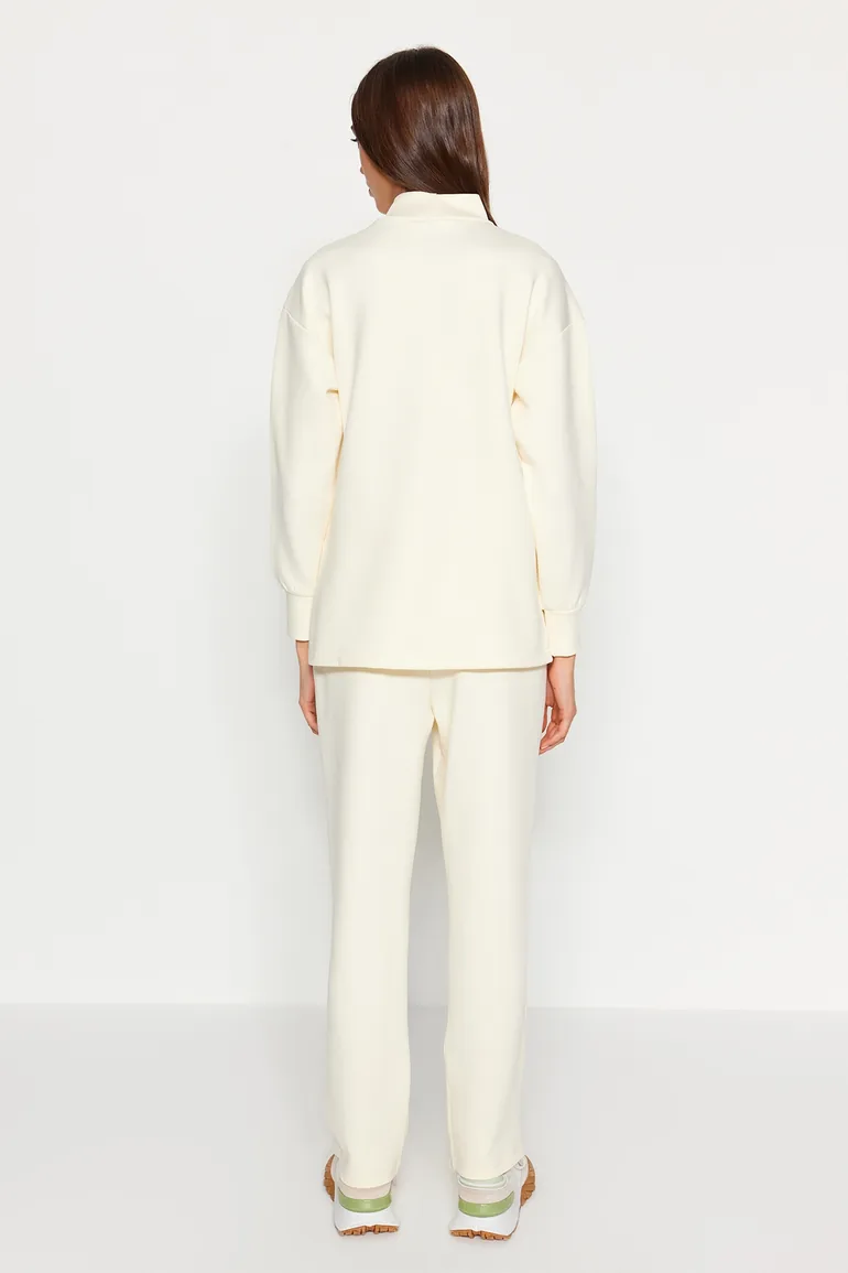 Beige Diver/Scuba Knitted Tracksuit Set With Embroidery - 4