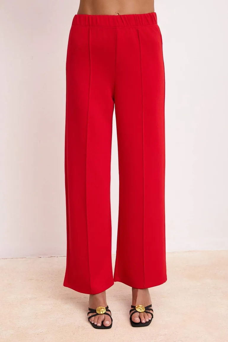 Red Peplum Sleeveless Wide Leg Soft Touch Knitted Top-And-Bottom Set - 3