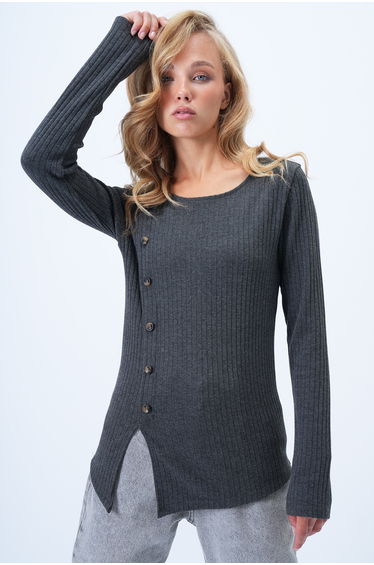 Women's Anthracite Crew Neck Button Detailed Long Sleeve Soft Texture Blouse