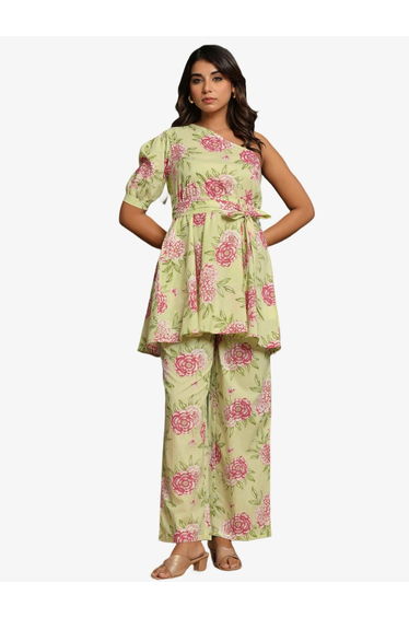 Women Green Printed Pure Cotton Tunic and Pants Co-Ords