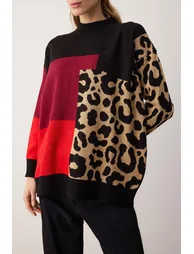 Black Red Leopard Detailed Knitwear Sweater - 2